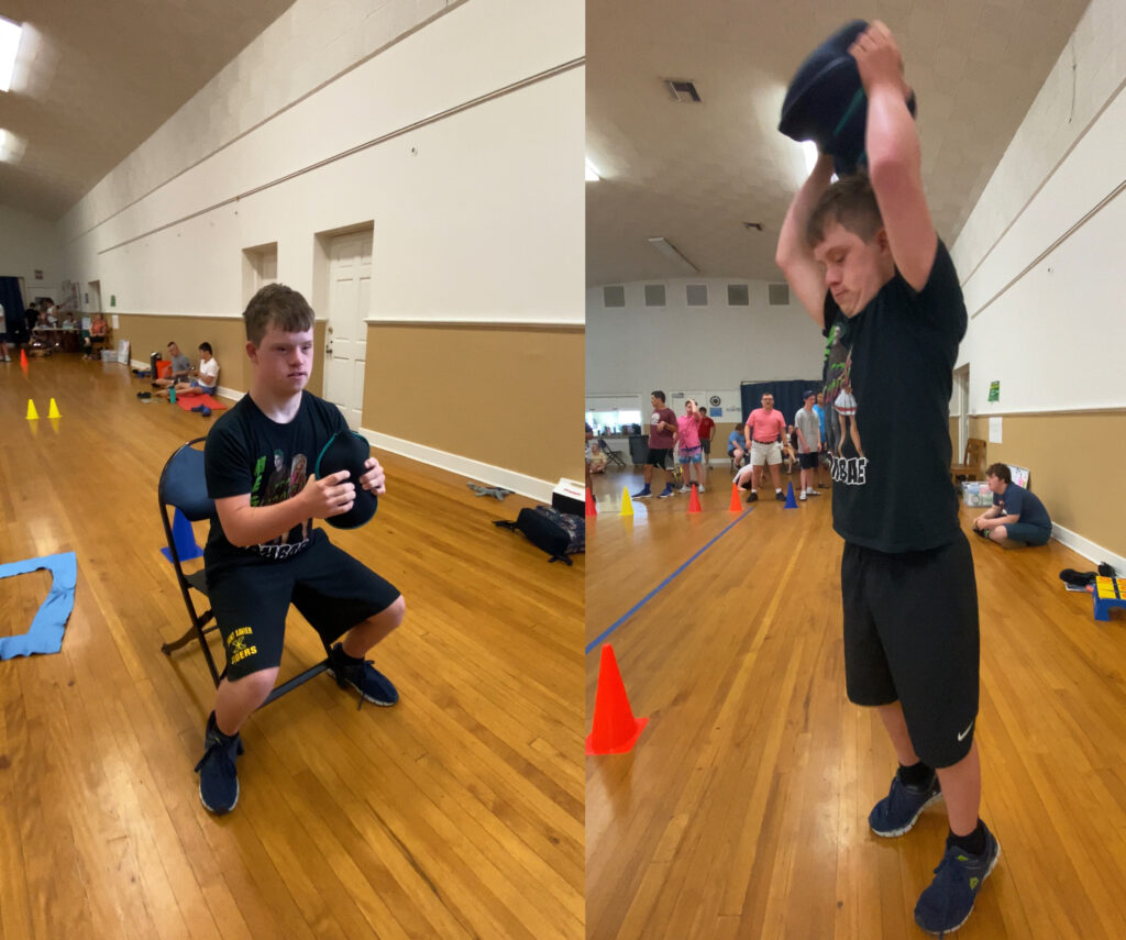 Photo (left) showing a young man performing a squat to a chair while holding a sandbell out in front of him.  Photo (right) shows the same young man performing a sandbell slam while holding 3 sandbells.