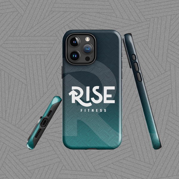 Custom designed iPhone case mockup showing the Rise Fitness logo