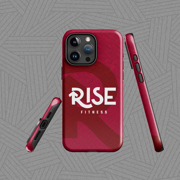 Custom designed iPhone case mockup showing the Rise Fitness logo