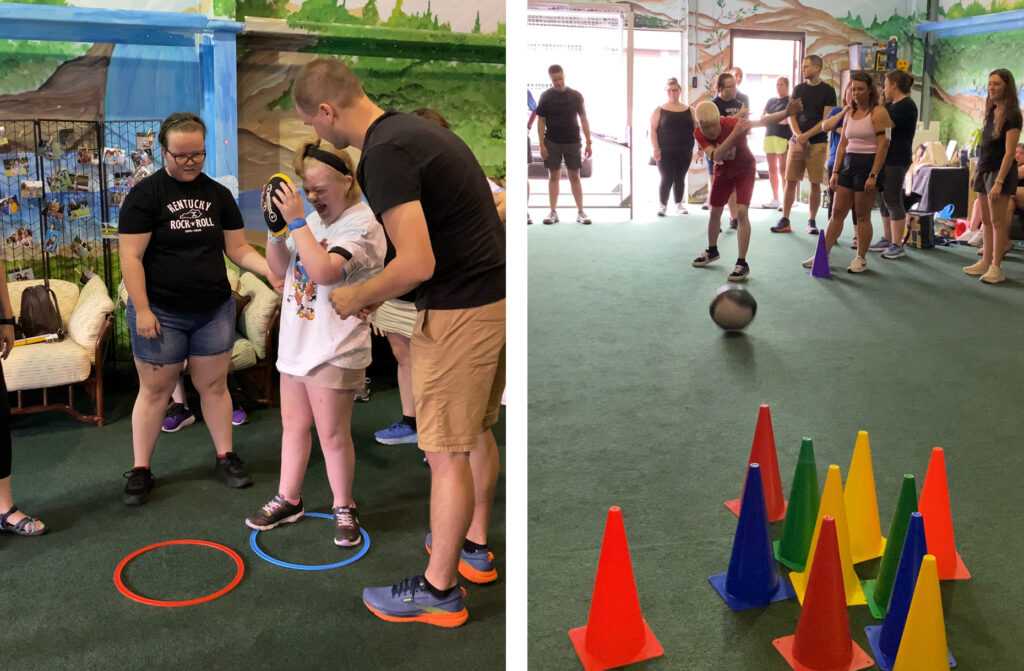 Left: Volunteers assisting an athlete as she performs a sandbell slam.
Right: An athlete uses a medicine ball to bowl and knock down colored cones.