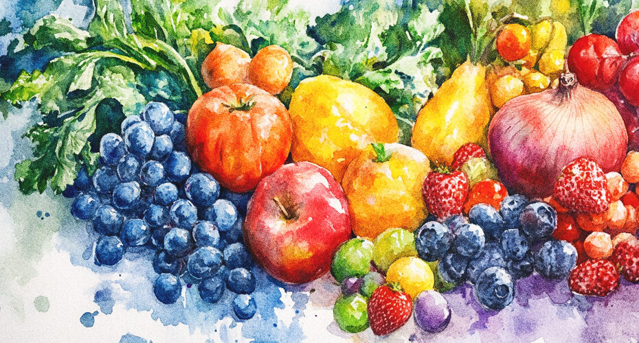 A brightly colored watercolor painting of various fruits and vegetables mixed together