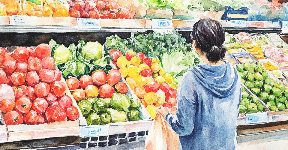 A woman shops in the produce section of a grocery store, bright colored watercolor painting