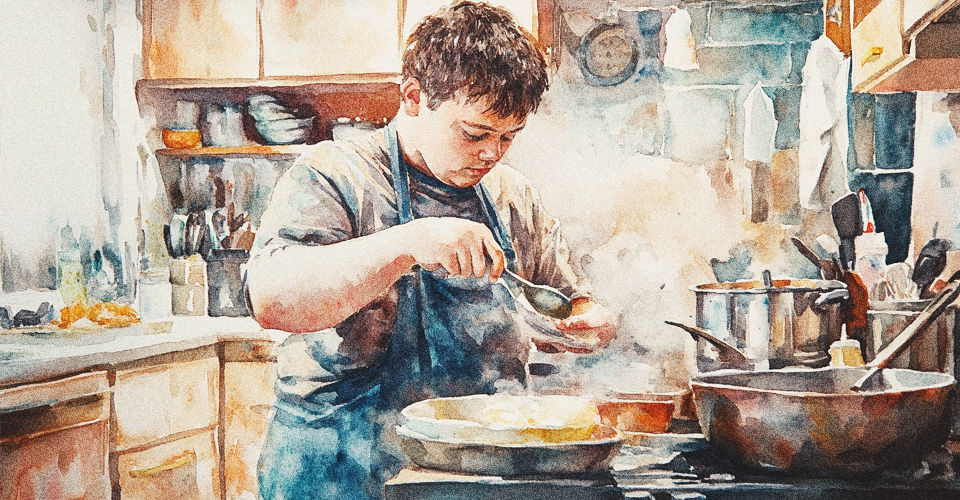 A watercolor painting of a young adult man wearing an apron and cooking in the kitchen