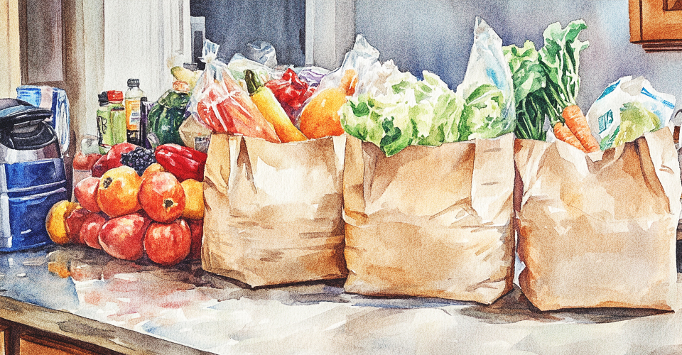 A watercolor painting consisting of several bags of groceries sitting on top of a kitchen counter.