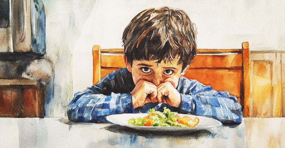 Watercolor painting depicting a 10-year-old boy making a face at the dinner table because he does not like his food.