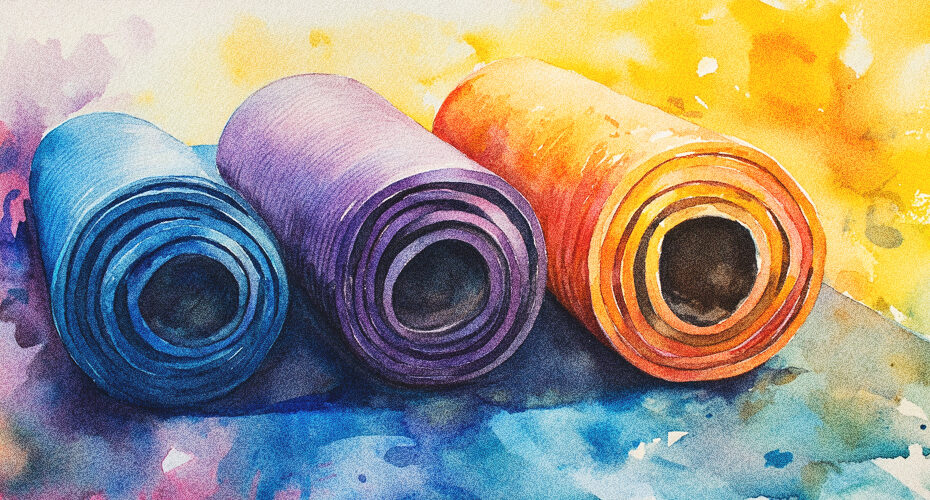 Watercolor painting of three rolled up yoga mats