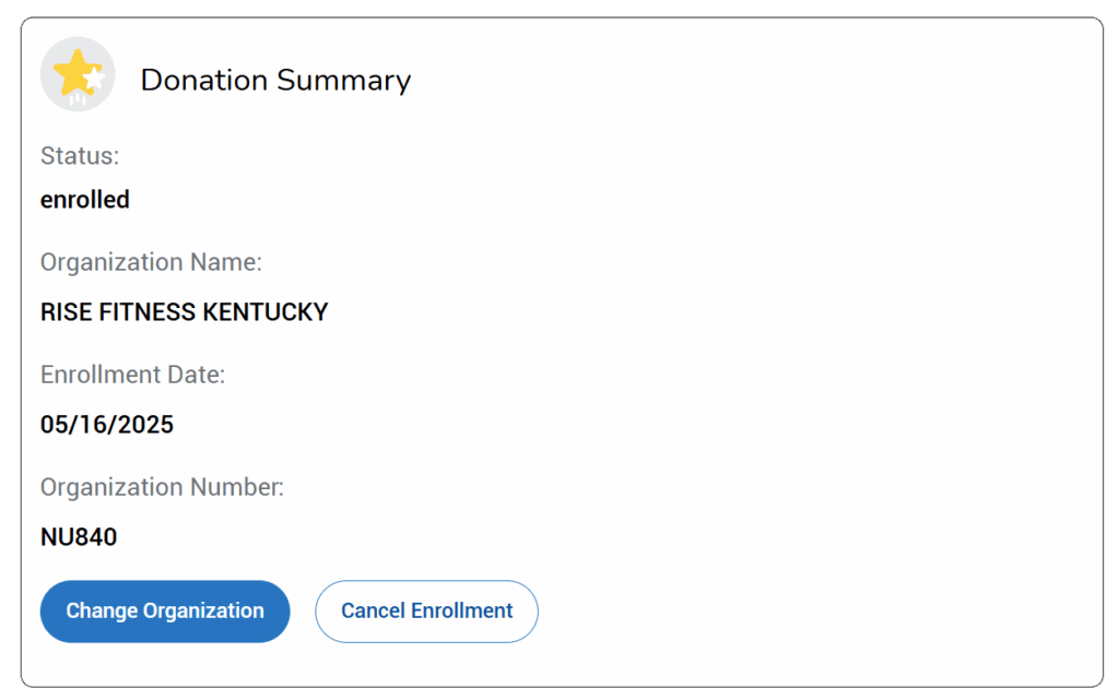 A screenshot from the Kroger website showing the Community Rewards program with Rise Fitness enrolled.